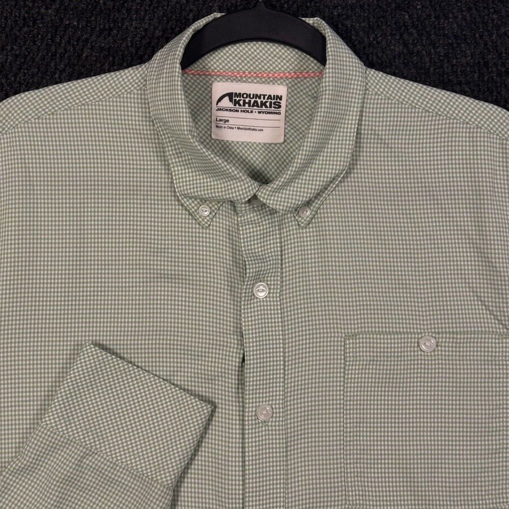 Mountain Khakis Passport Hiking Shirt Mens L Green Gingham Hidden Pocket